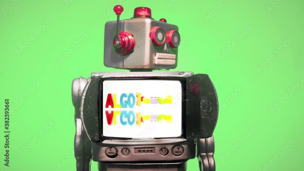 retro robot toy and screen with the word ALGORITHM green screen Stock ...