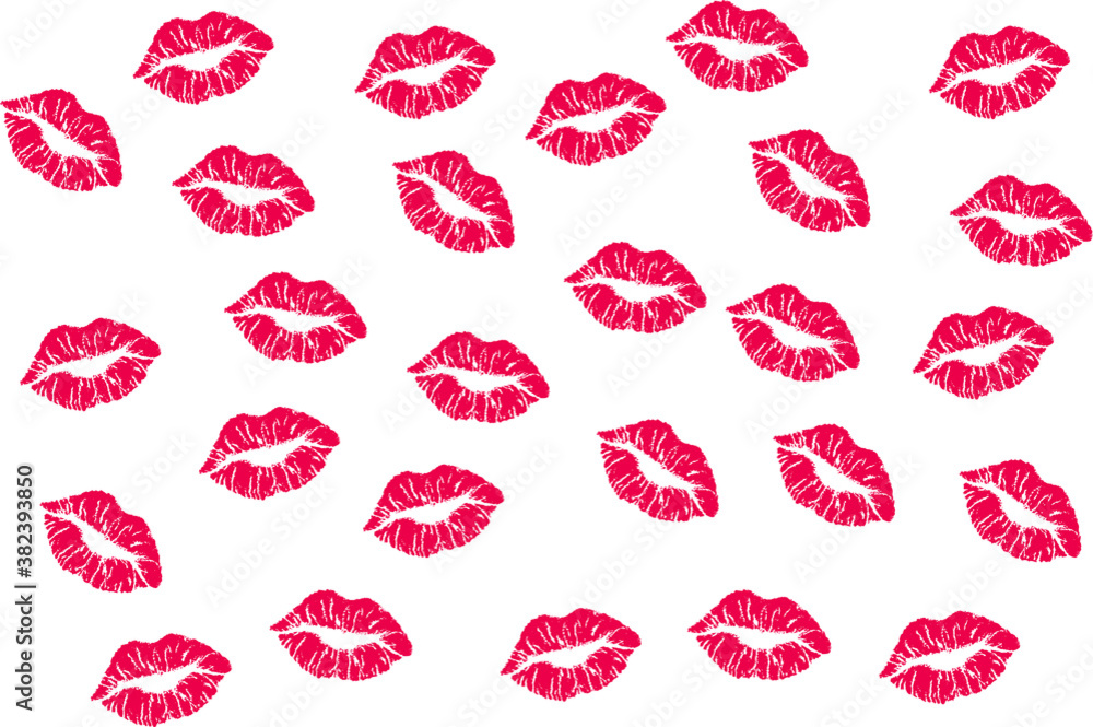Seamless pattern with a red lipstick kiss prints on a white background. Vector design for textile, backgrounds, clothes, web sites and wallpaper. Fashion illustration seamless lipstick pattern. Seamless pattern with a red lipstick kiss prints on a white background. Vector design for textile, backgrounds, clothes, web sites and wallpaper. Fashion illustration seamless lipstick pattern.