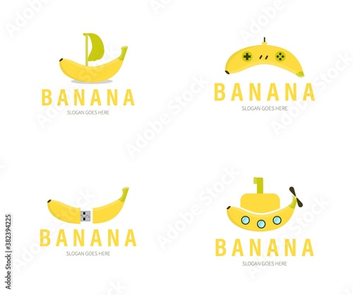 Set of  Banana Logo. Banana Boat, Plug, Controller, Submarine Logo Concept. Vector Design Illustration.