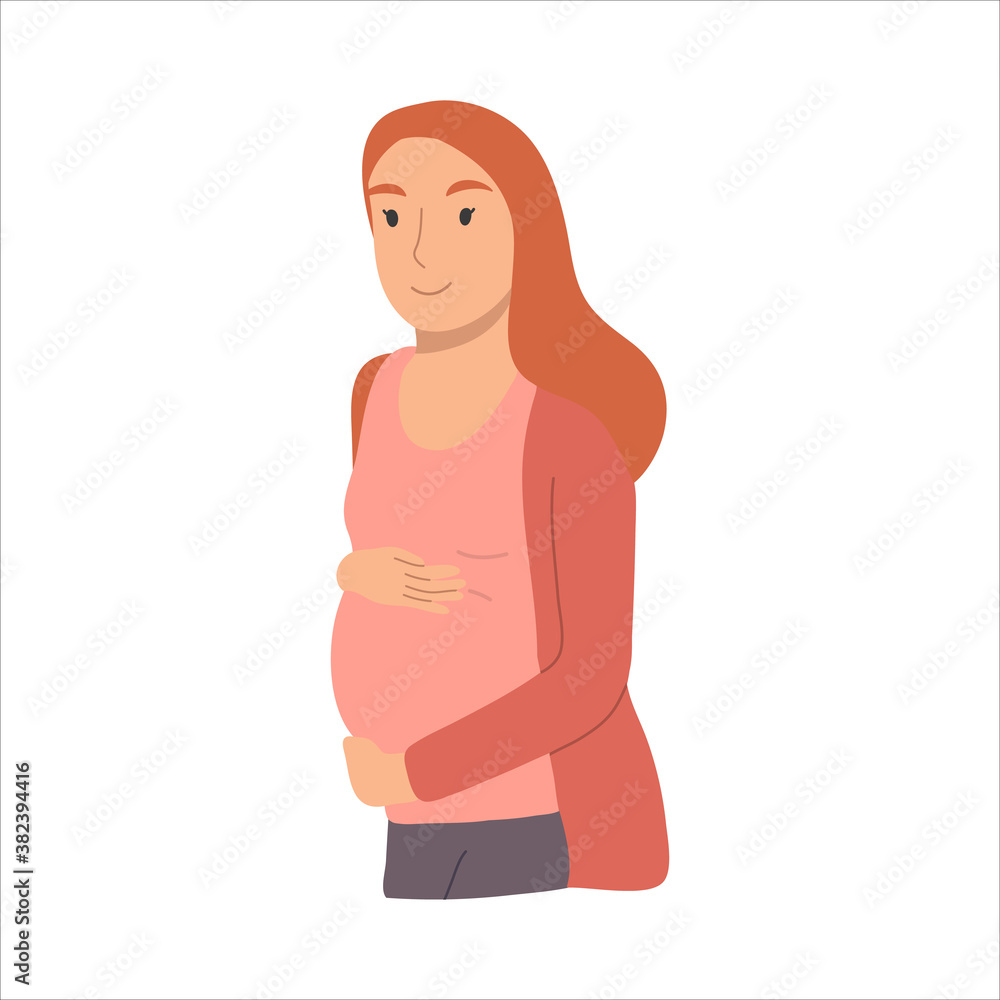 Smiling pregnant redhead woman awaiting baby birth.Happy pregnancy period. Vector hand drawn illustation isolated on white background. Smiling pregnant redhead woman awaiting baby birth.Happy pregnancy period. Vector hand drawn illustation isolated on white background.