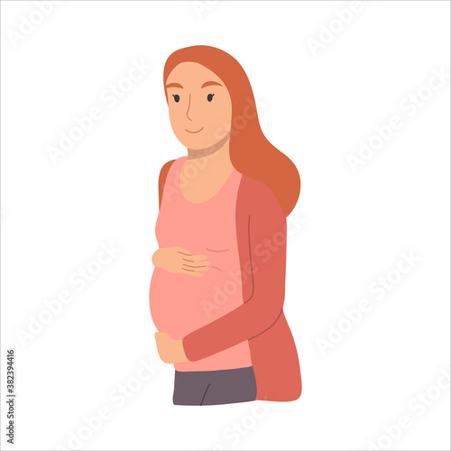 Smiling pregnant redhead woman awaiting baby birth.Happy pregnancy period. Vector hand drawn illustation isolated on white background.