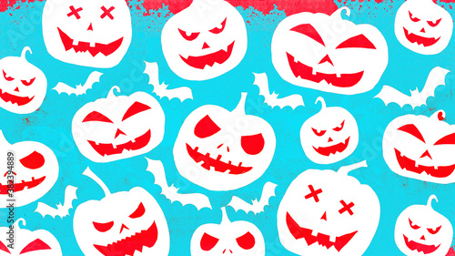 HALLOWEEN symbol background template design -Top view Silhouette of scary carved luminous cartoon pumpkins and bats isolated on red turquoise aquamarine texture