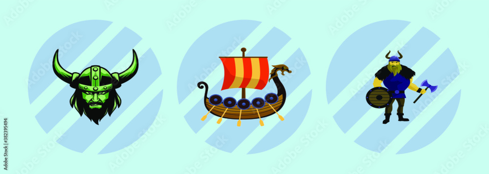 Fototapeta premium set of viking equipment. boat and more cartoon icon design template with various models. vector illustration isolated on blue background