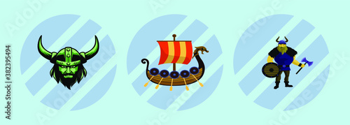 set of viking equipment. boat and more cartoon icon design template with various models. vector illustration isolated on blue background