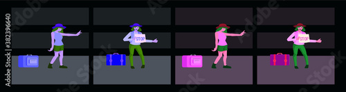 Hitchhiking woman trying to stop a car cartoon icon design template with various models. vector illustration isolated on blue background