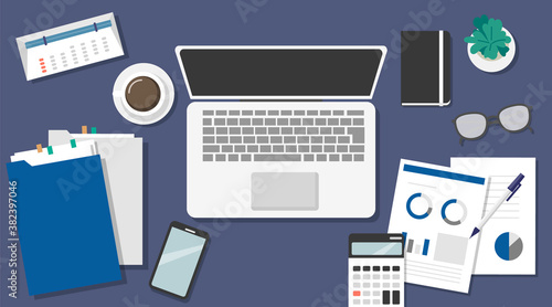 仕事風景のデスクトップ　フラット俯瞰図