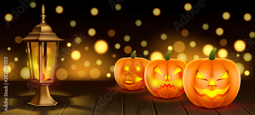 Halloween banner. Pumpkins with carved muzzles on a wooden table with a lantern and bokeh effect. Realistic 3D illustration. Vector.
