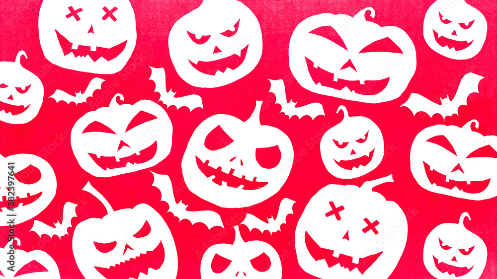 HALLOWEEN symbol background template design -White silhouette of scary carved luminous cartoon pumpkins and bats isolated on red texture HALLOWEEN symbol background template design -White silhouette of scary carved luminous cartoon pumpkins and bats isolated on red texture