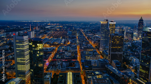 panoramic view of Frankfurt am Main, Germany at dusk. beautiful sunset over the metropolis, Financial Center of Europe - Frankfurt am Main