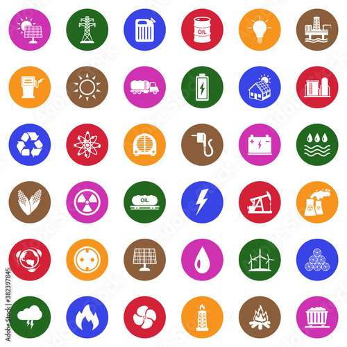 Energy Icons. White Flat Design In Circle. Vector Illustration.