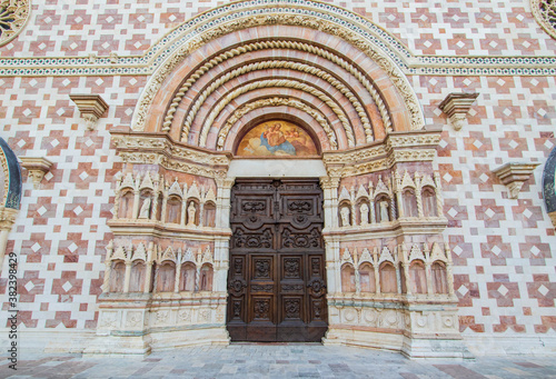 L'Aquila, Italy - one of the most beautiful medieval churches in Abruzzo, Santa Maria di Collemaggio is a major tourist attraction. Here in particular its facade