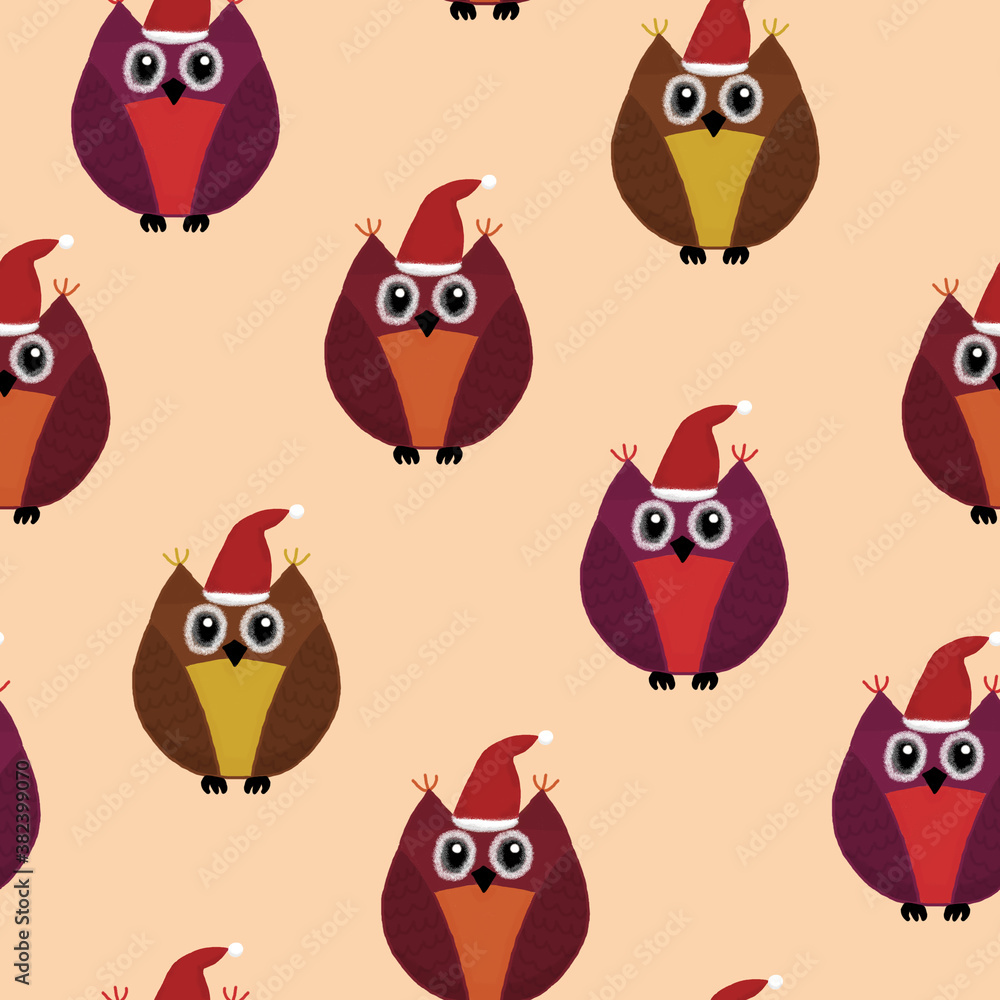 Fototapeta premium New Year seamless pattern with owls on an orange background