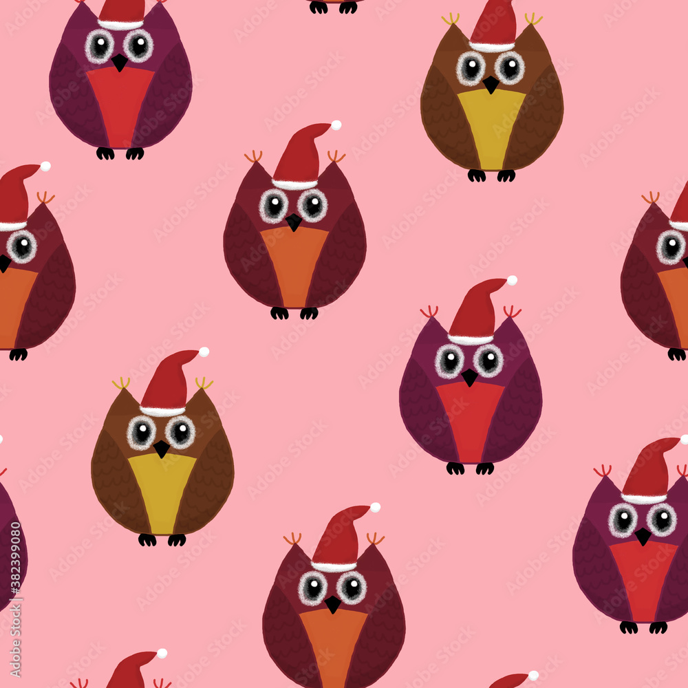 Fototapeta premium New Year seamless pattern with owls on a pink background