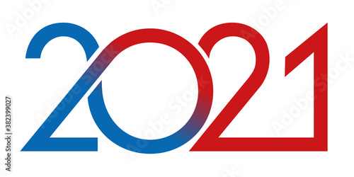 Carte de vœux au graphisme dynamique pour présenter l’année 2021 avec une succession de courbes de couleur rouge et bleu sur un fond blanc.