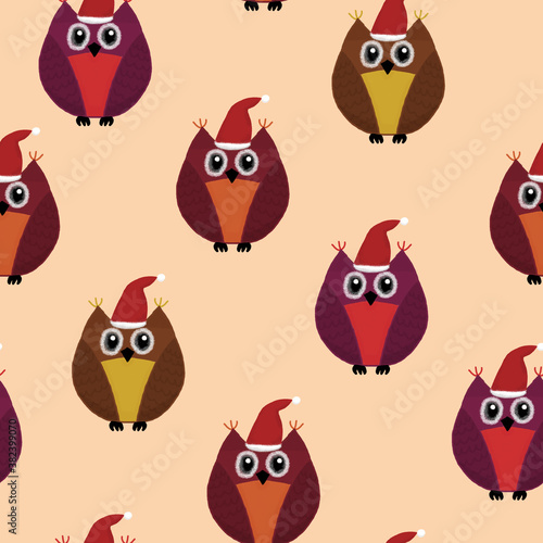 New Year seamless pattern with owls on an orange background