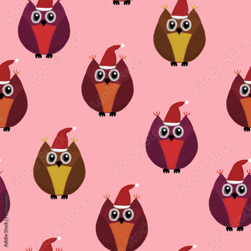 New Year seamless pattern with owls on a pink background