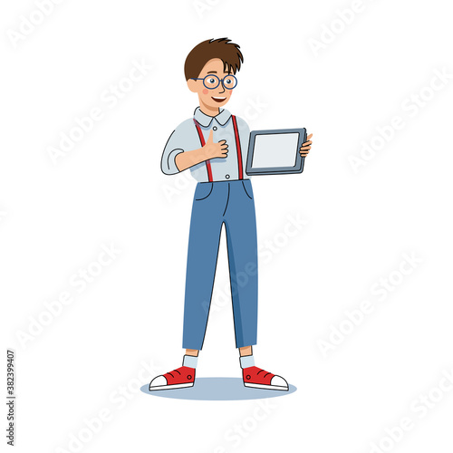 Smart stylish schoolboy character holding tablet. Thumbs up. Boy wearing red keds. Vector illustration