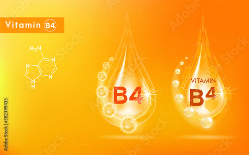 Vitamin B4 gold shining pill capsule. Vitamin complex with Chemical formula. Shining golden substance drop. Meds for health ads. Vector illustration.