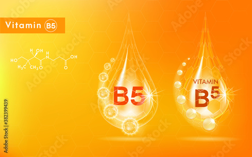 Vitamin B5 gold shining pill capsule. Vitamin complex with Chemical formula. Shining golden substance drop. Meds for health ads. Vector illustration.