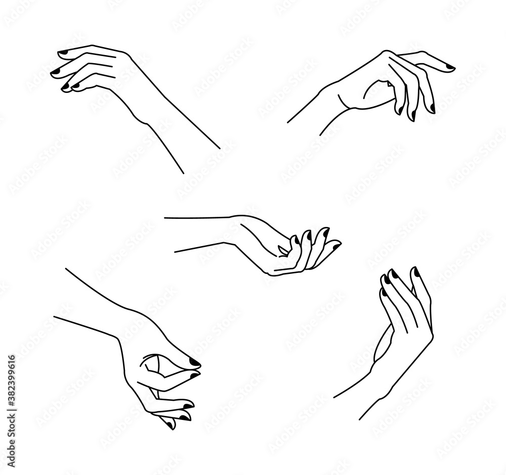 Woman's hands set with manicure in line art style. Female hands different gestures vector illustration Woman's hands set with manicure in line art style. Female hands different gestures vector illustration