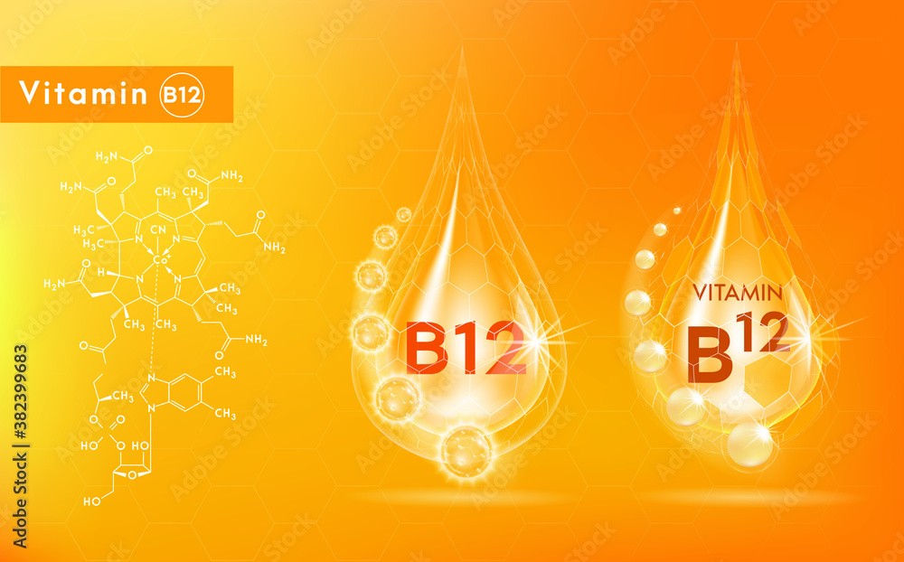 Vitamin B12 gold icon. Shining golden essence droplet. Beauty treatment nutrition skin care design. Vector illustration. - obrazy, fototapety, plakaty 