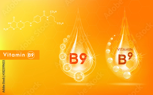 Vitamin B9 gold icon. Shining golden essence droplet. Beauty treatment nutrition skin care design. Vector illustration.