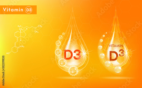 Vitamin D3 and structure. Medicine capsule, Golden substance. 3D Vitamin complex with chemical formula. Personal care and beauty concept. Vector Illustration