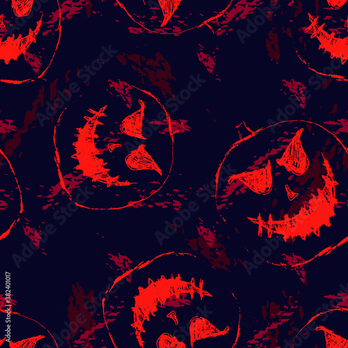 Halloween pattern. Vector seamless abstract background with scary pumpkins, ghosts, bright neon Jack o lantern silhouettes. Red and black grunge graphic texture. Creepy funny design for decor, print