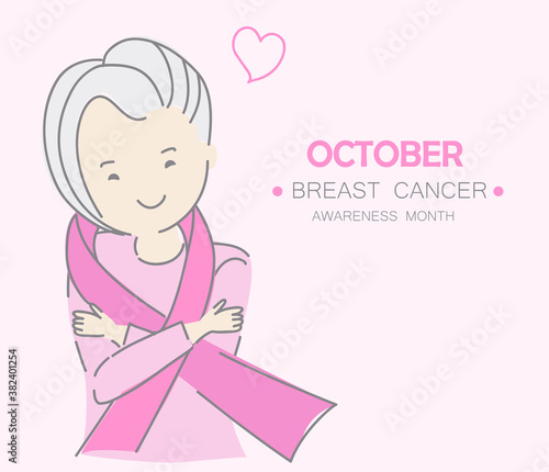 October Breast Cancer awareness month vector. Mature woman with pink ribbon.