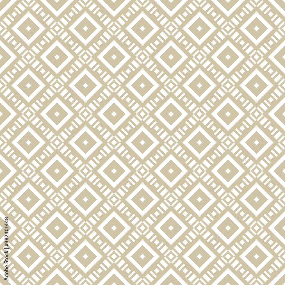 Golden geometric square texture. Vector seamless pattern with rhombuses, diamonds, squares, grid, lattice, repeat tiles. Simple gold and white checkered background. Elegant design for decor, wallpaper Golden geometric square texture. Vector seamless pattern with rhombuses, diamonds, squares, grid, lattice, repeat tiles. Simple gold and white checkered background. Elegant design for decor, wallpaper