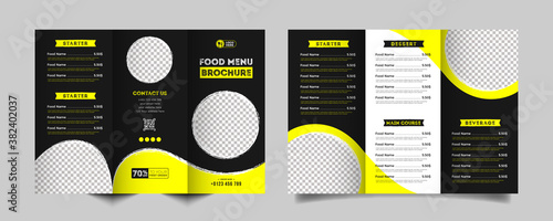 Food trifold brochure menu template. vintage fast food menu brochure for restaurant with black and yellow color