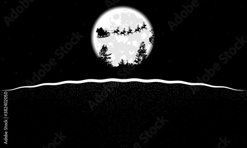 Moon landscape with santa claus in black and white, vector art illustration.