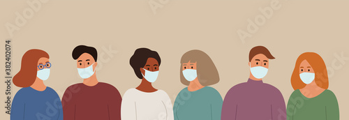 Group of people wearing medical masks. Virus covid-19, coronavirus, air pollution, disease, flu protection. Men and women in masks. Vector illustration cartoon flat style