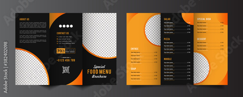 Food trifold brochure menu template. vintage fast food menu brochure for restaurant with black and orange color