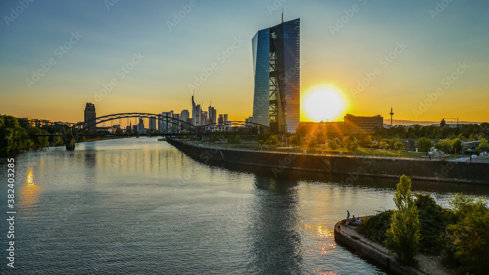 View of Frankfurt am Main skyline during sunset