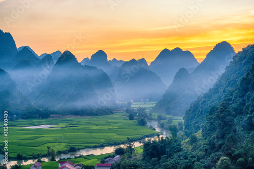 Beautiful step of rice terrace paddle field in sunset and dawn at Trung Khanh, Cao Bang.