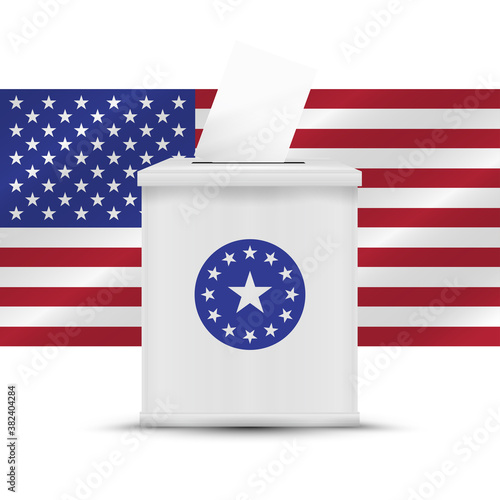 White ballot box with american flag background