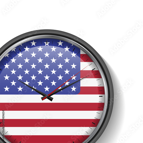 US flag clock with shadow on white background