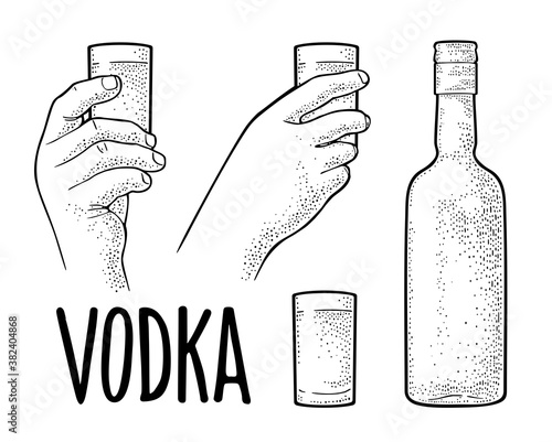 Hands holding glass vodka. Vintage vector engraving