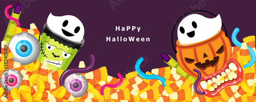 Illustration vetor cute cartoon banner on Happy halloween Day decoration on table setting for kids party as concept.Candy corn , worm gummy jelly , sweet eyes, dracula teeth in witch pot.