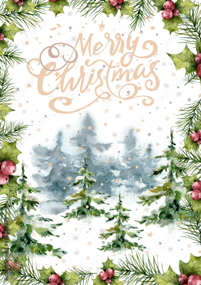 Merry Christmas lettering tree Happy New Year forest card. Winter Holidays . Forest snow postcard graphic design element. Cute Hand written primitive small sign. Merry Christmas lettering tree Happy New Year forest card. Winter Holidays . Forest snow postcard graphic design element. Cute Hand written primitive small sign.