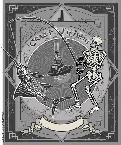 Crazy fishing. Skeleton fisherman catching marlin