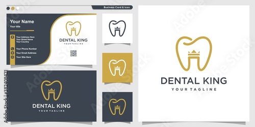 Dental logo with king crown style and business card design template Premium Vector
