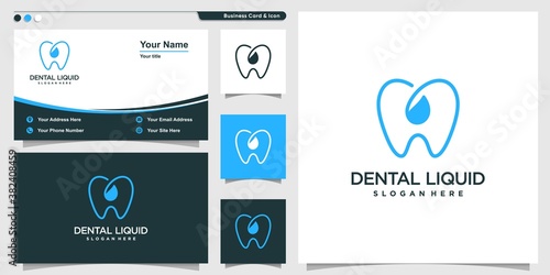Dental logo with liquid water line art style and business card design template Premium Vector