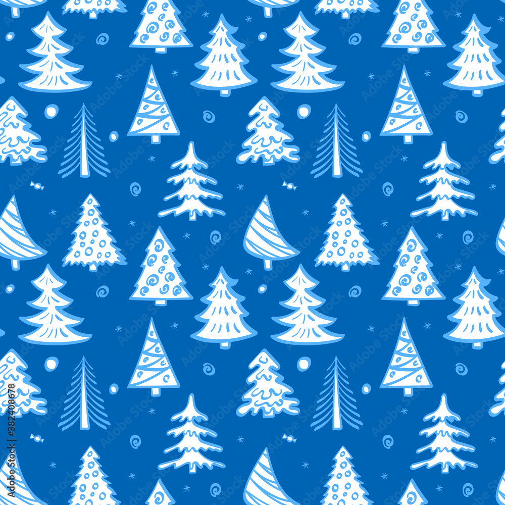 Winter seamless pattern with christmas trees on blue background. New yer spruce forest. Vector illustration.