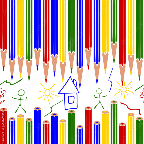 Seamless vector pattern with colouring pencils on white background. Simple kids wallpaper art. Preschool fashion textile.