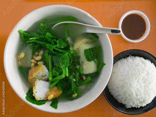Singapore boiled vegetable tofu eat with rrice photo