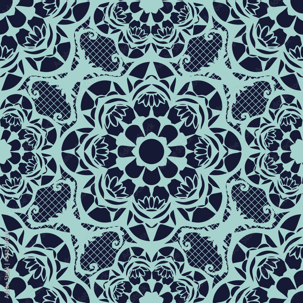 Seamless vector pattern lace texture on blue background. Simple embroidery mandala wallpaper design. Romantic fashion textile decoration.