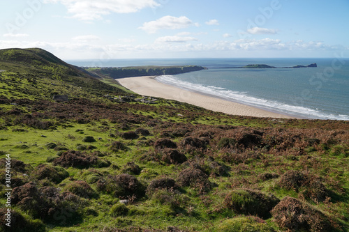 Wallpaper Mural Gower Peninsular Rhossilli Bay Panoramic with Green Hills surrounding the Sandy Bay - Green Welsh Hillsides Torontodigital.ca