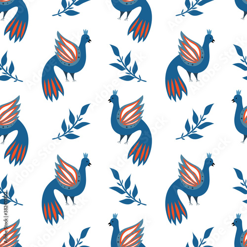 Vector seamless pattern with blue birds and leaves. Folk style. Folklore ornamental art. Decorative ornament. Illustration isolated on white background. For wrapping, wallpaper, textile, scrapbooking.